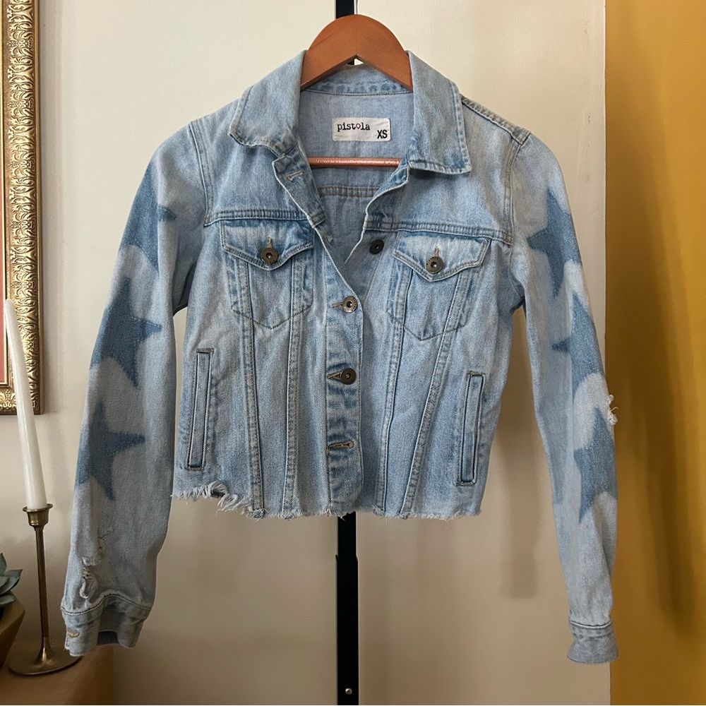 Pistola Star Jean‎ Jacket Denim Cropped Light Wash Distressed Raw Hem Size XS